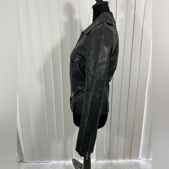 BLANC NOIR Quilted Leather Moto Jacket Belted Zip Up Lined Buckles Black Size S - Picture 3 of 9